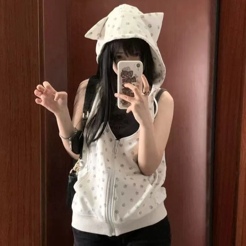 

Summer Kawaii Hooded Vest Japanese Subculture Cat Paw Print Zipper Waistcoat Loose Cute Hoodie Coat Women's Retro Harajuku Tops
