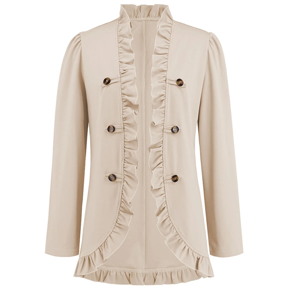 Women's Elegant Ruffled Front Button Up Jacket Temperament Commuting Female Casual Clothing Woman Fashion Long Sleeve Sweet Coat