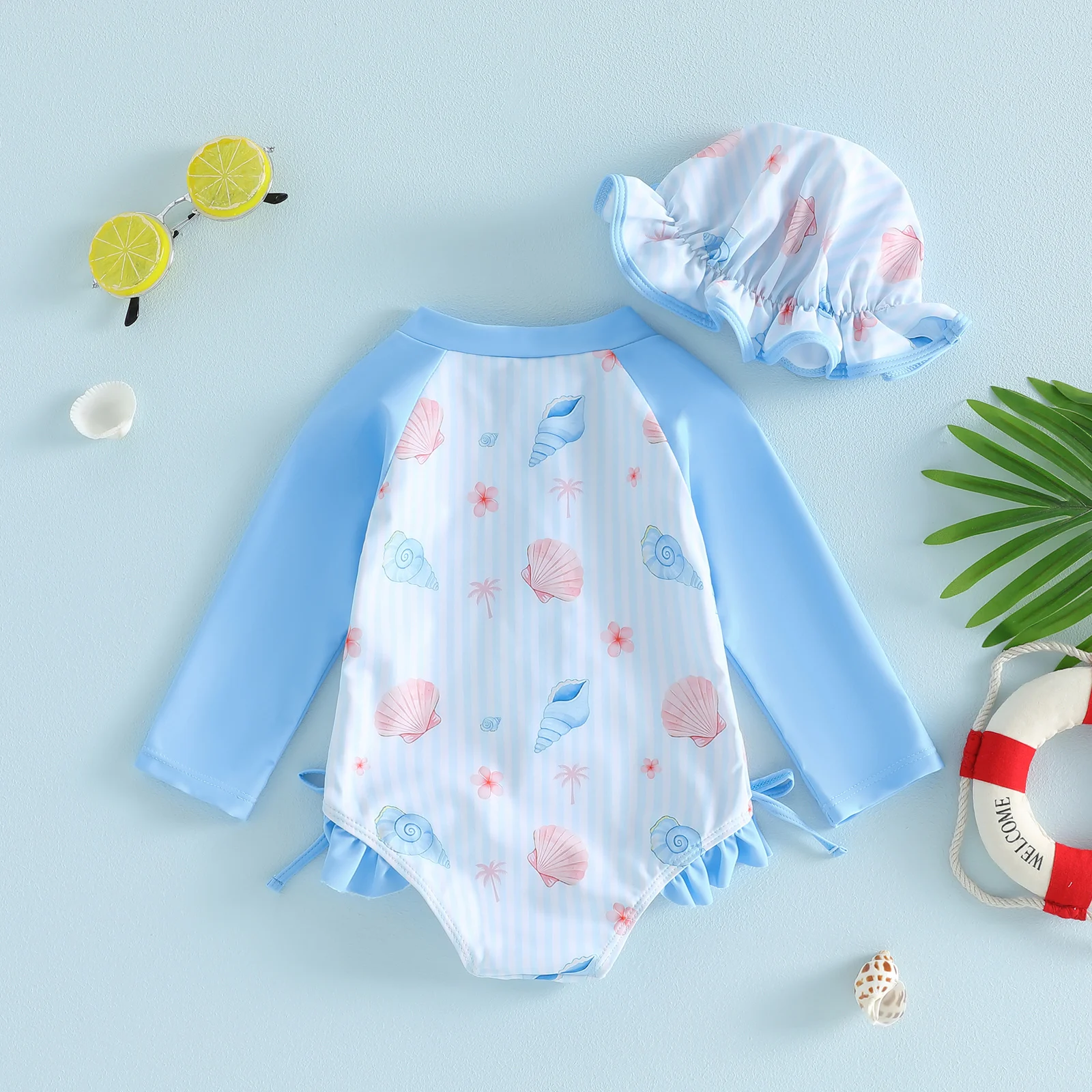 Toddler Baby Girl Swimsuit Set Seashell Flower Long Sleeve Rash Guard Swimwear Summer Beach Bathing Suit with Sun Caps Monokini