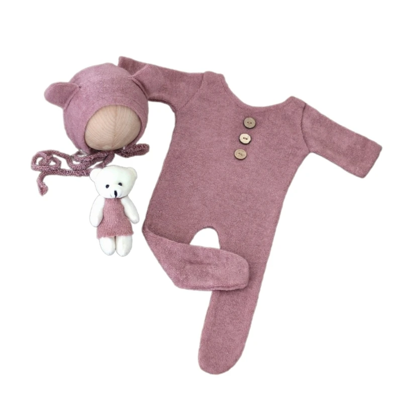 Baby Photography Bear Costume Hat Plush Knitted Romper Outfit Set for Photoshooting Newborn Shower Party Clothing