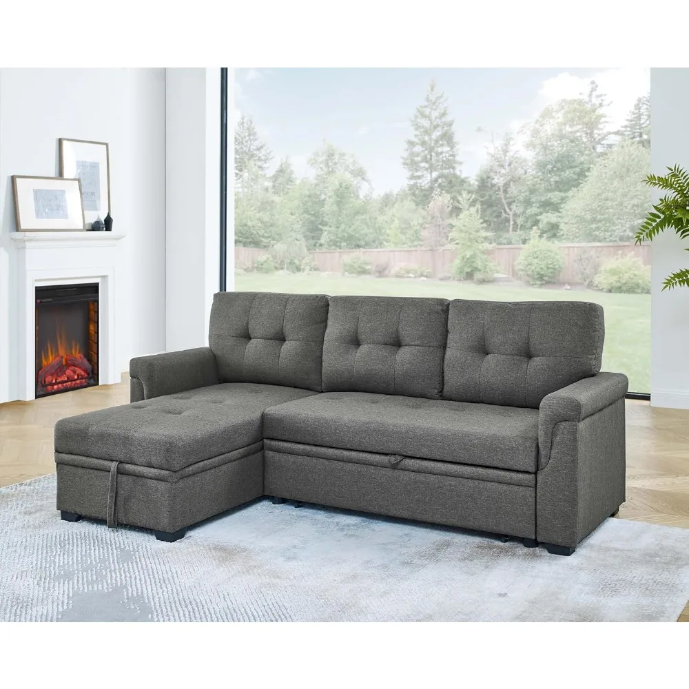 

86 INCH L Shaped Convertible Sleeper Sectional Sofa Pull-Out Couch Bed, Tufted Linen Upholstered Reversible Corner Couch Pullout