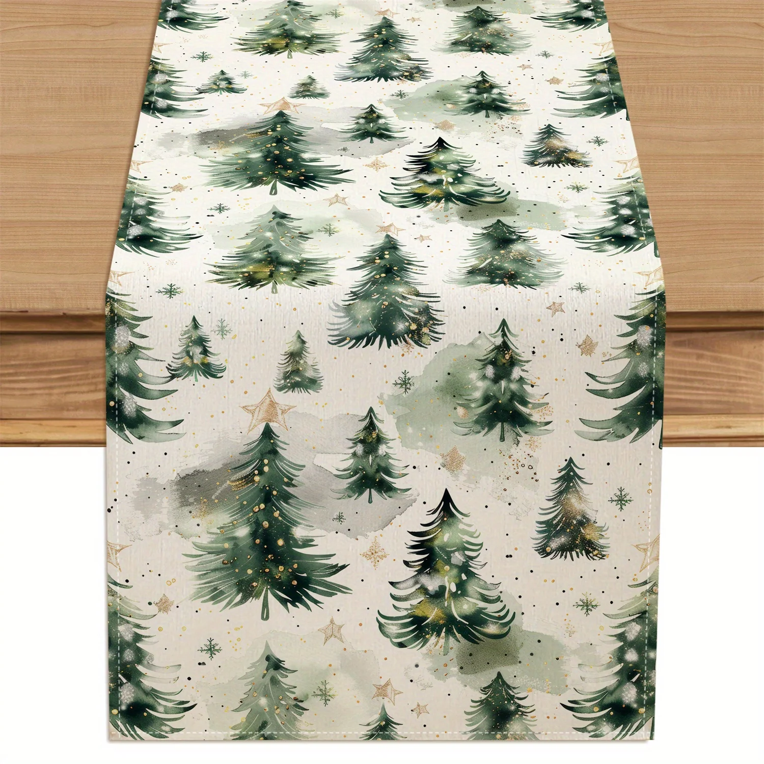 مفرش طاولة شجرة عيد الميلاد الاحتفالية باللونين الأخضر والأبيض لتزيين العطلات مع نجوم ذهبية للاستخدام الداخلي والخارجي وحفلات عيد الميلاد في ديسمبر #1
