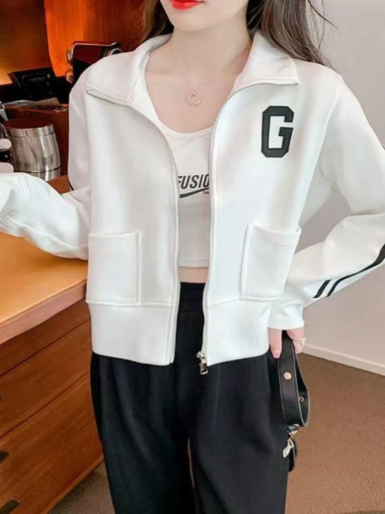 White Casual Sporty Short Baseball Jacket Women's Stand Collar Thin Spring Autumn New Style Commute Style Straight Tube Type