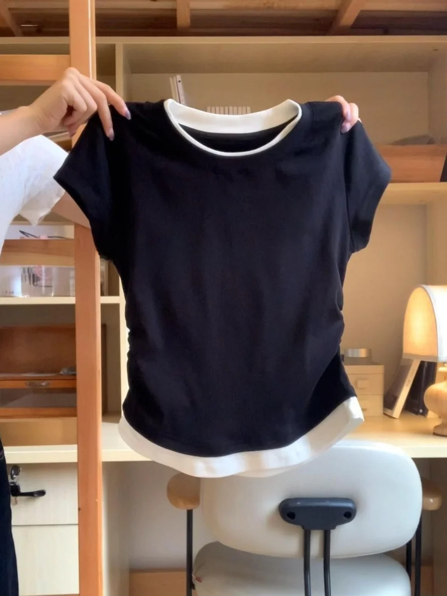 Chic Korean Sle ort Sve T-irt Women's Summer Slim Fit Waist Cinched Folded Hem Casual round Ne Top GIMA70