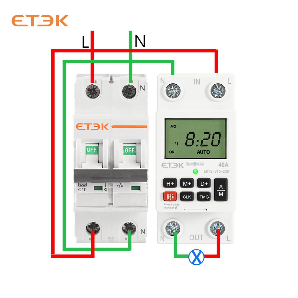 ETEK-Relais Intelligent Programmable avec Batterie, Compte à Rebours de 7 Jours, Rail Din, Hebdomadaire, Heure, 220V, 40A, 2P, EKTS316