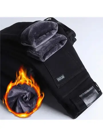 2025 New Winter Men Black Straight Stretch Denim Thick Velvet Pants Warm Jeans Casual Fleece Line Trousers Male Plus Size
