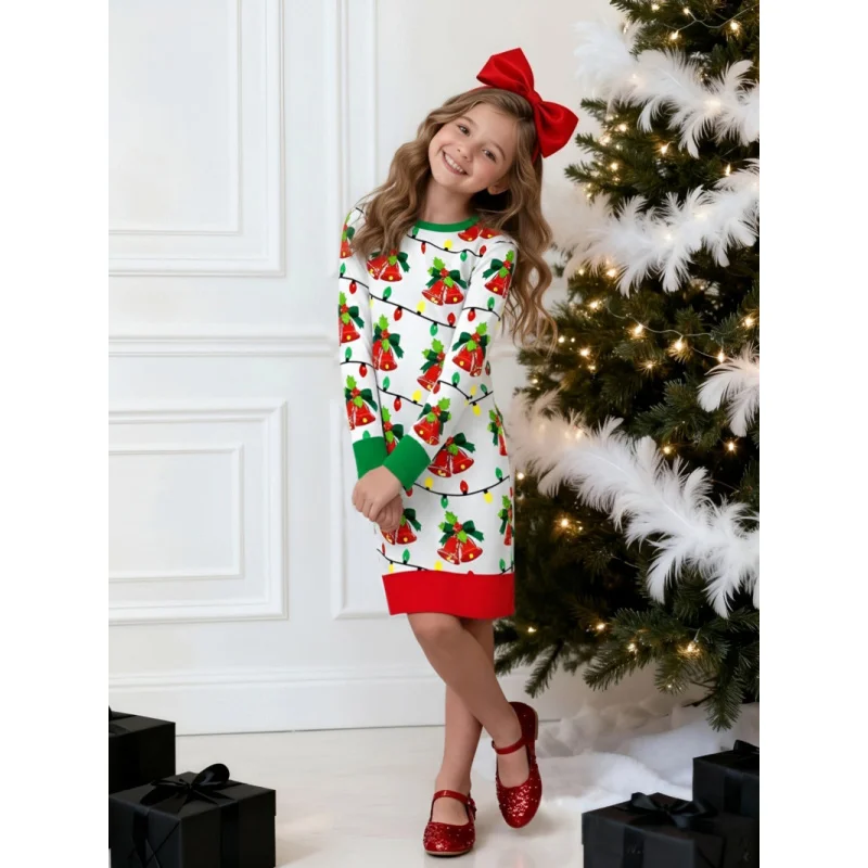Girls Christmas Themed All-Over Printed Dress Short-Sleeved Holiday Atmosphere Children's Dress 2026
