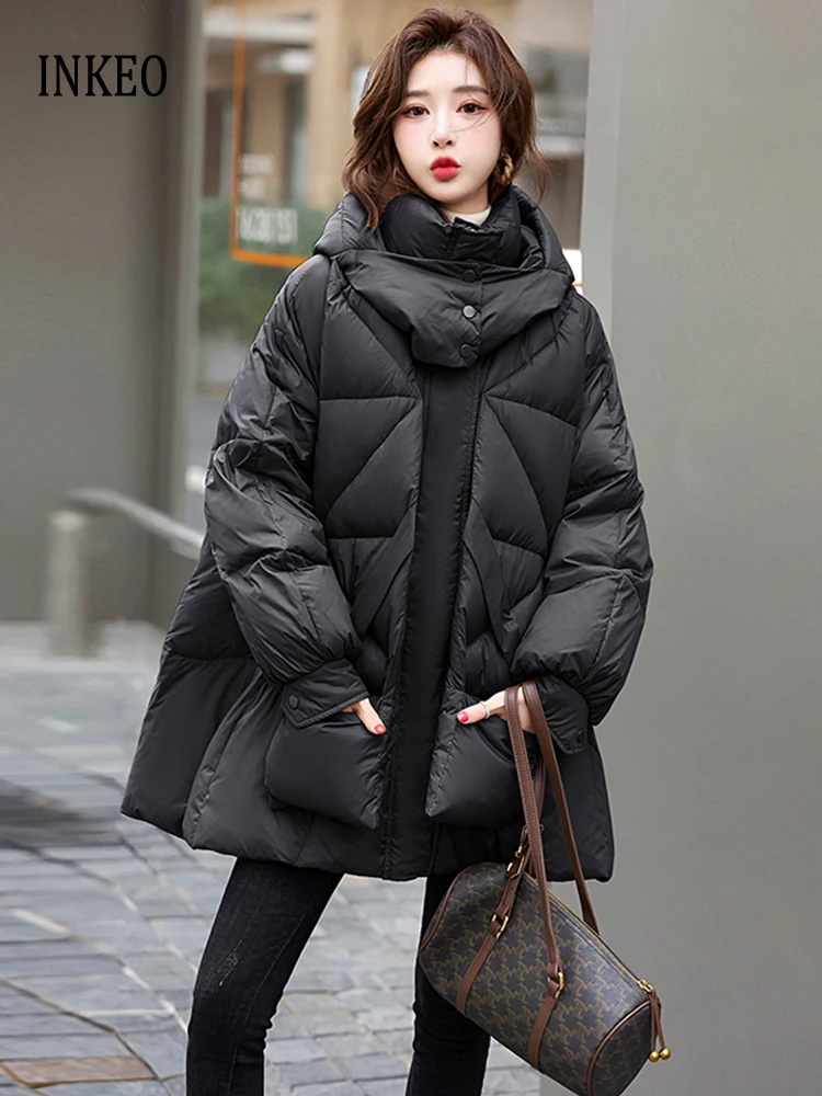 Fashion A-line down jacket for women 2024 Winter Warm Scarf puffｅｒ　ｃｏａｔ　ｗｉｔｈ　ｈｏｏｄｅｄ　Ｓｏｌｉｄ　ｃｏｌｏｒ　Ｆｅｍａｌｅ　ｏｕｔｗｅａｒ　ＩＮＫＥＯ　ＤＪ０５０