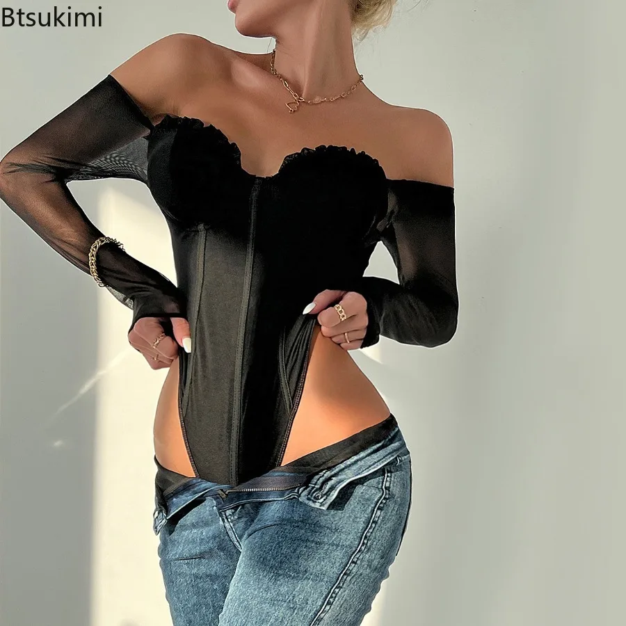 Summer New Sexy Women Long Sleeves Bodysuits Double-layer Mesh Slim Fit Strapless Jumpsuit Fashion Style Adult Female Costume