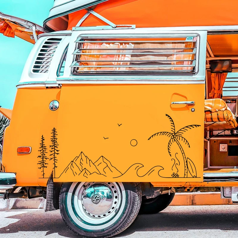 

Large Forest Wave Mountains & Palm Tree Surfboard Camper Rv Car Sticker Decal Travel Adventure Motorhome Caravan Decor