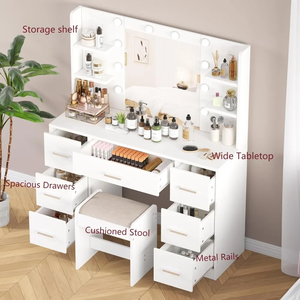 Dressing Table with Stool, LED Light and Metal Sliding Drawer, Adjustable Brightness