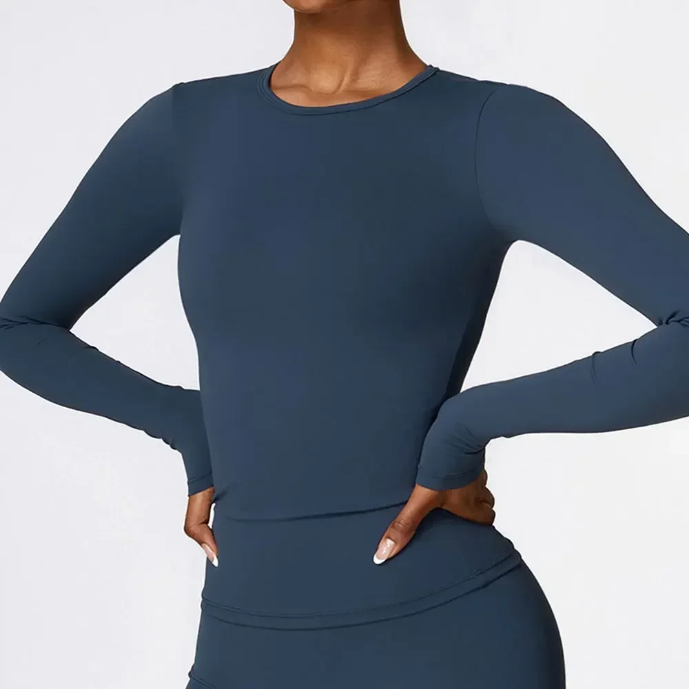 

Women's yoga T-shirt solid sports shirt long-sleeved gym exercise running shirt sexy navel quick-drying fitness gym sportswear