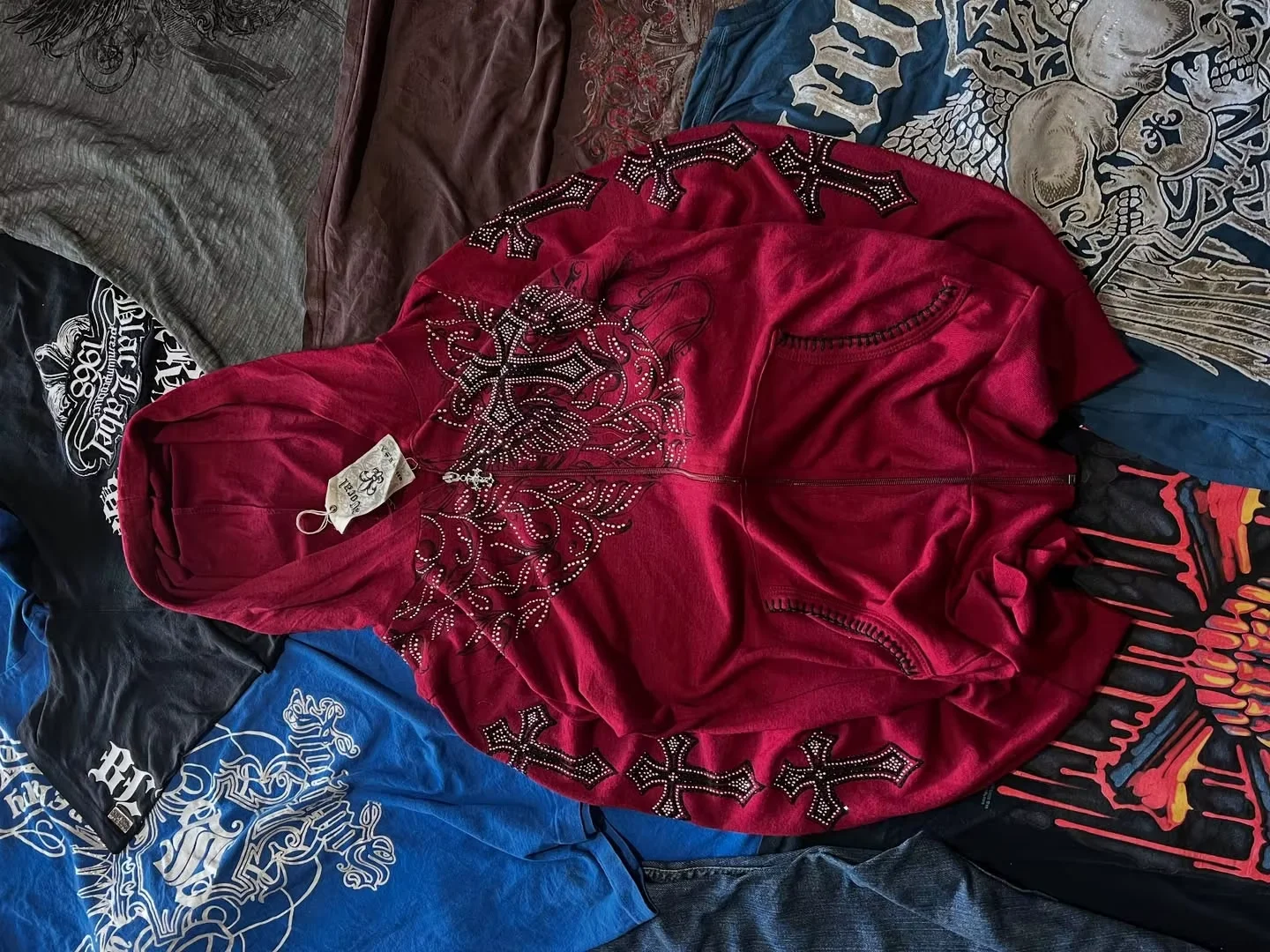 Ropa Y2K, sudadera con capucha con diseño de mampostería roja, nuevo patrón Retro, Sudadera con capucha de gran tamaño con cremallera, sudadera informal con personalidad de Hip Hop