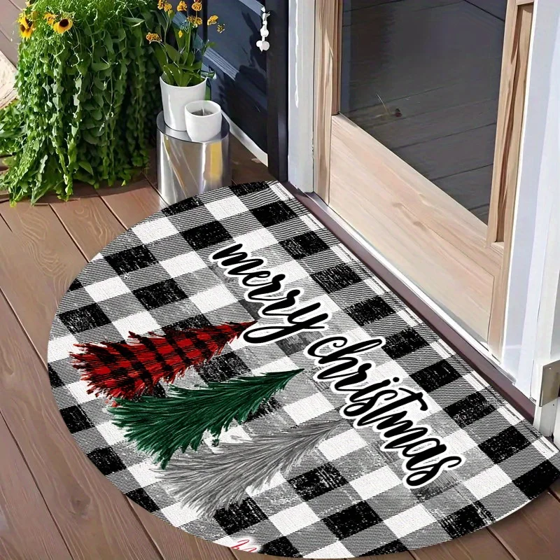 Black White Plaid Christmas Tree Feather Script Rug For Modern Farmhouse Entrance Stylish Greeting Doormat Design