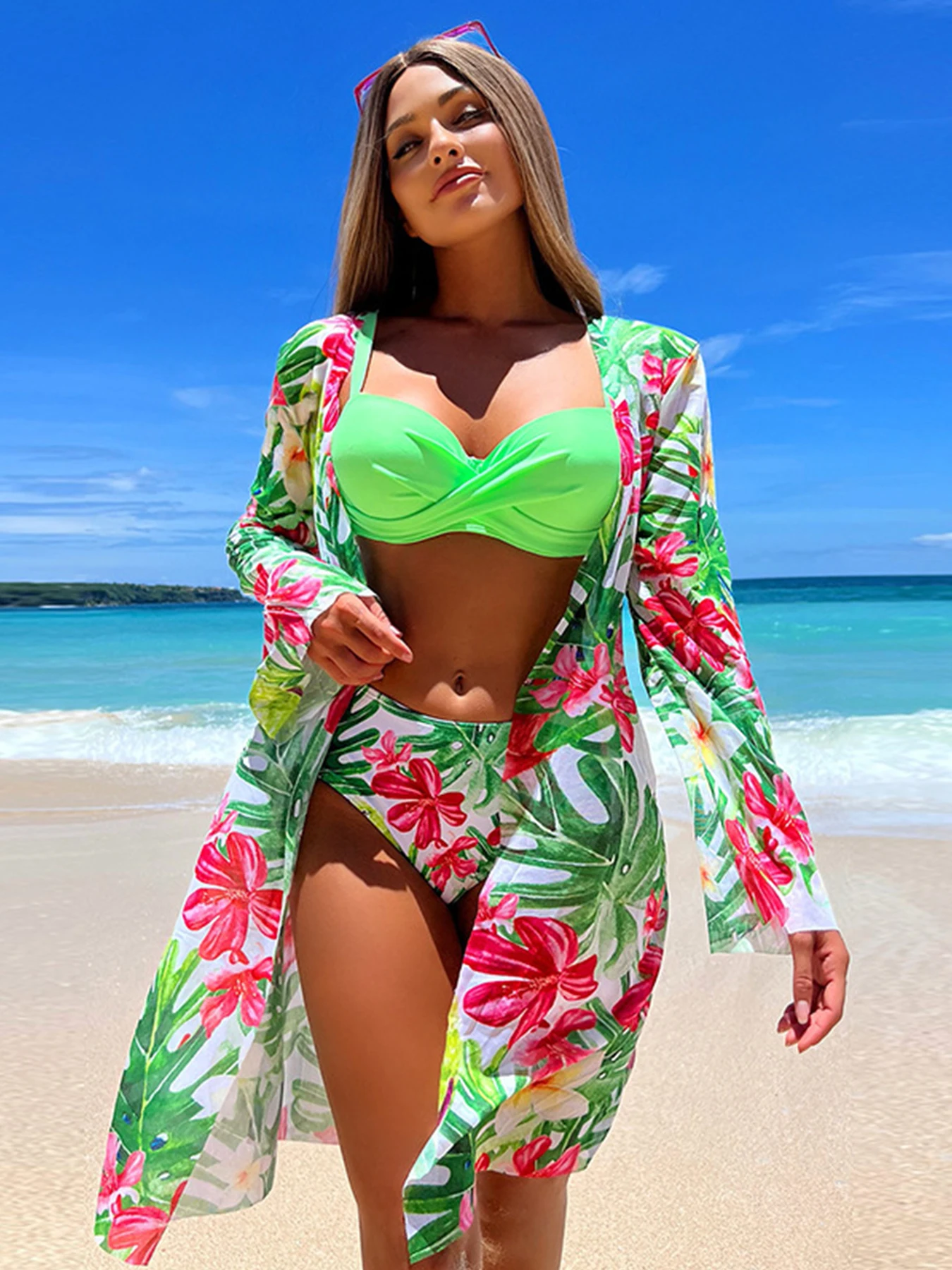 

2024 New Floral Print Three Pieces Bikini Sets Swimsuit For Women Swimwear And Long Sleeve Beach Cover Up Bathing Suit Beachwear