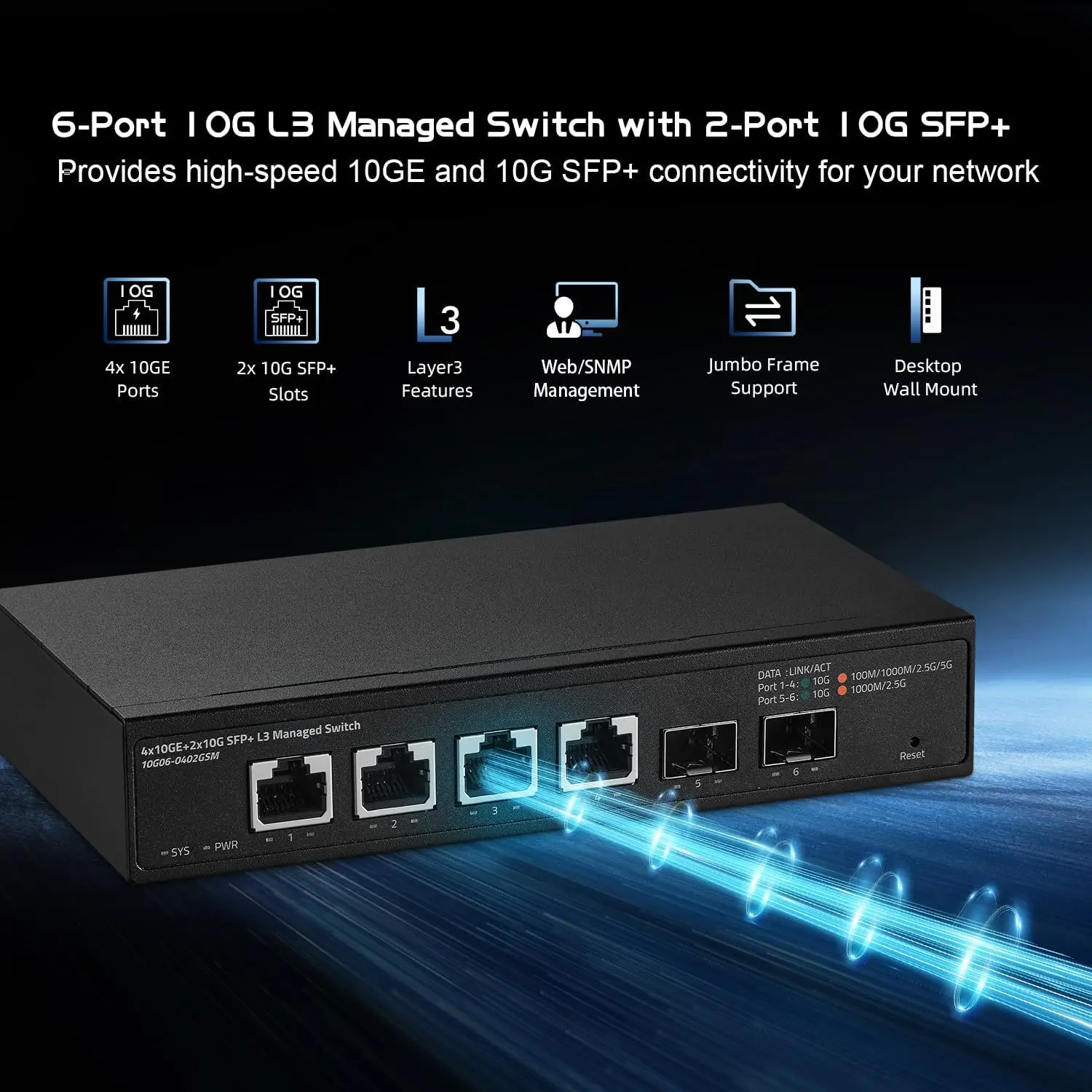 6 Port 10 Gigabit Managed Switch 4x10G RJ45 EthernetSupport 1G/2.5G/5G/10G2 10G SFP+120Gbps Metal Small Network Switch