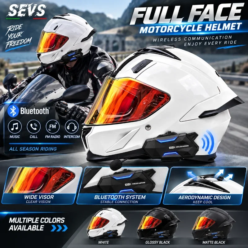 Bluetooth Full Face Motorcycle Helmet Men Women Dual Visor Racing Motorbike Helmet Wireless Headset Street Riding Helmet