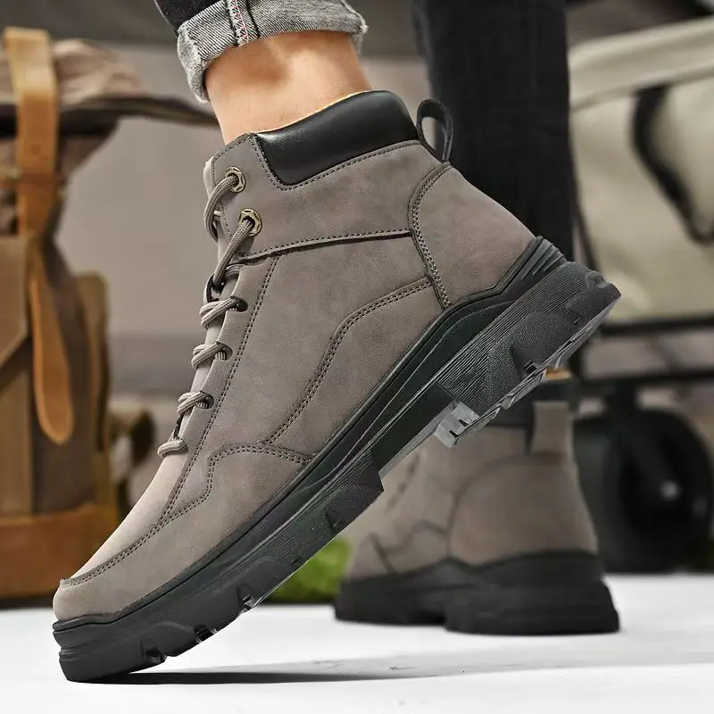 الرجال جلد طبيعي حجم كبير عالية أعلى أحذية العمل الخريف الشتاء سميكة وحيد عدم الانزلاق مقاوم للماء الدانتيل يصل أحذية التنزه في الهواء الطلق