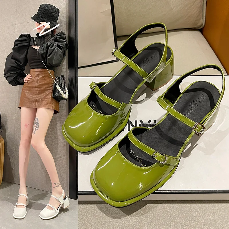 Leather Sandals Women Round Toe Suit Female Beige Shoes Lady 2024 Clear Heels Black New Low Fashion Comfort Girls High Retro