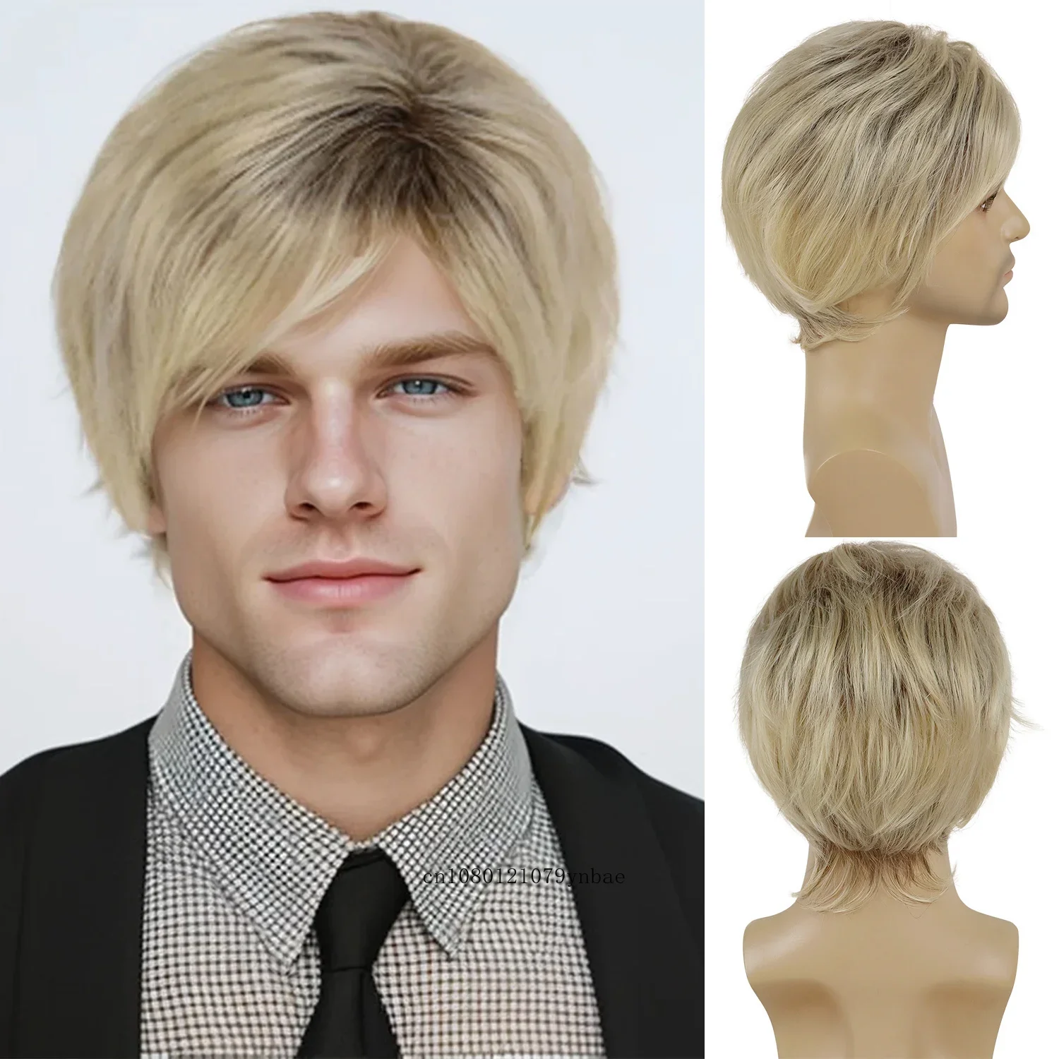 

Men's Natural Synthetic Hair Blonde Wigs Short Layered Wig with Bang for Man Male Heat Resistant Cosplay Daily Costume Party