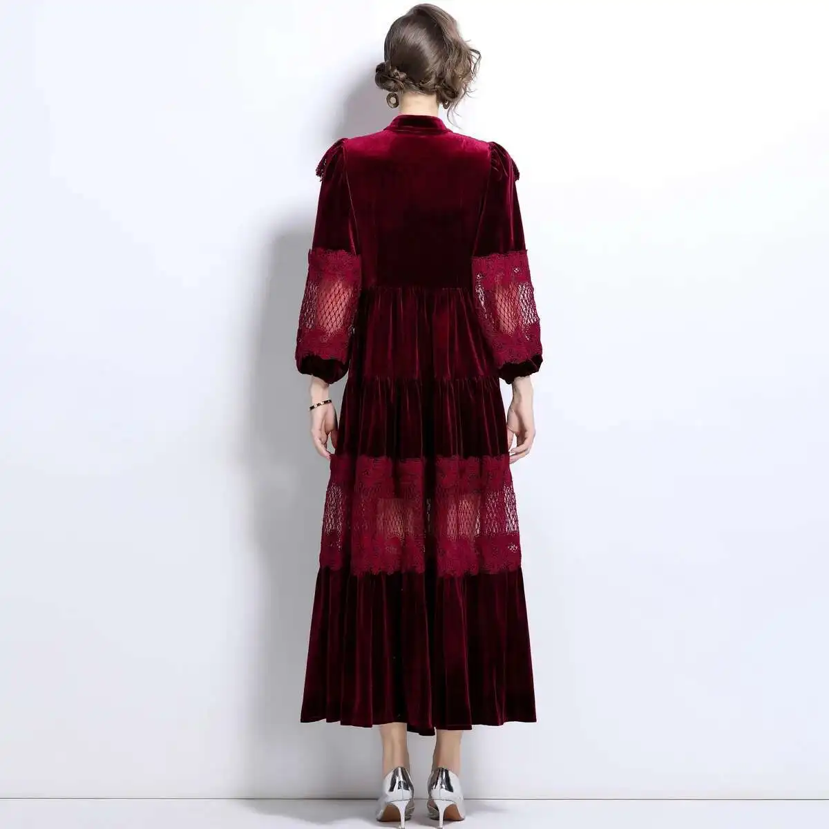 แฟชั่นฤดูใบไม้ร่วงฤดูหนาวเดี่ยวไข่มุกแขนยาวลูกไม้กํามะหยี่ชุดผู้หญิง Ruffles สาย Maxi Prom Dresses Lady