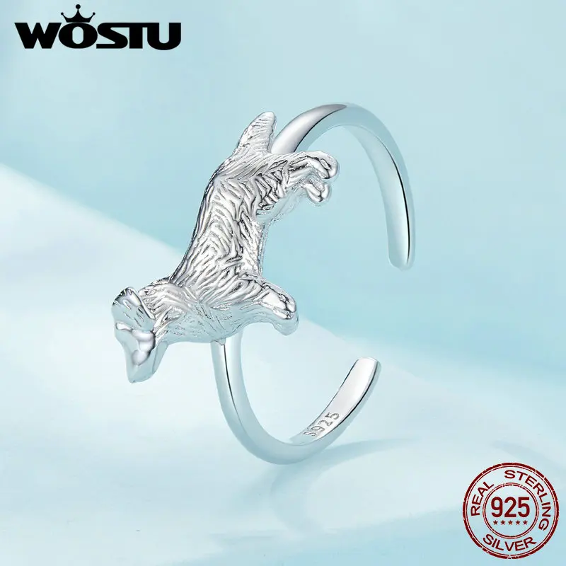 WOSTU Original 925 Sterling Silver Ring Little Golden Retriever Adjustable Jewelry For Women Girl Party Birthday Pet Memory Gift