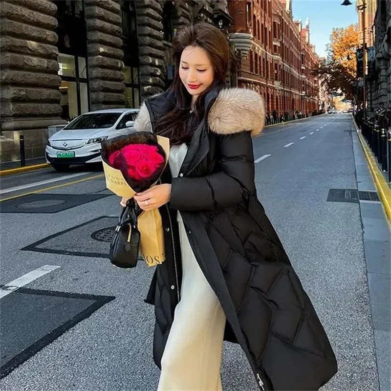 Fur Collar Hooded Long Slim Lace-up Down Jacket for Women's Winter Loose and Thick Warm Jacket Fashion Female Clothes