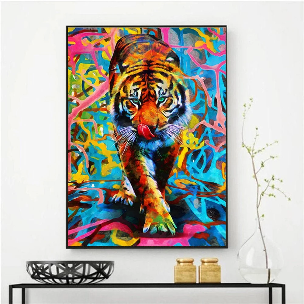 

Colorful Graffiti Tiger Canvas Painting,Animal Posters and Prints,Abstract Wall Art,Pictures for Living Room,Fashion Home Decor