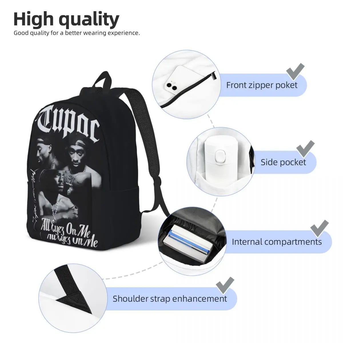 Tupac 2PAC Rapper Cool Backpack Sports Student Hiking Travel Daypack for Men Women College Canvas Bags