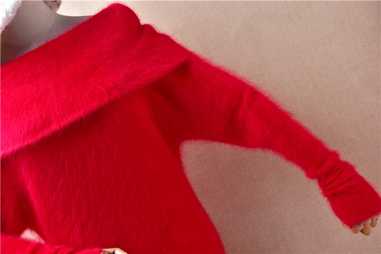 Female Women Autumn Winter Christmas Red Hairy Angora Rabbit Hair Knitted Slash Neck Slim Jumper Sweater Mink Fur Dress Pull Top