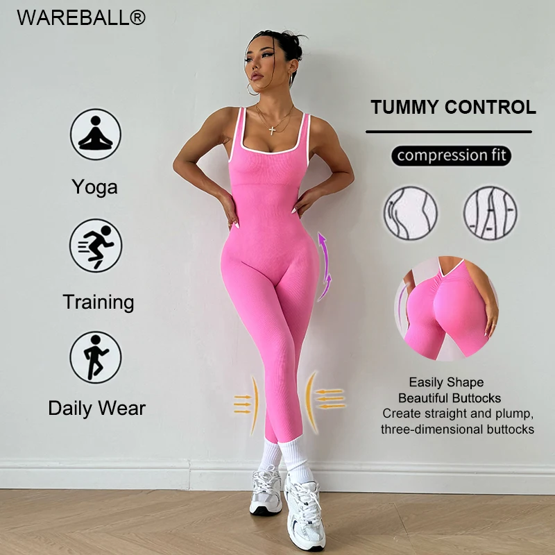 WAREBALL Sport Studio Women Seamless Yoga Jumpsuit With Deep V Back Sleeveless Fashion Full Jumpsuit Sports Casual Daily Wear