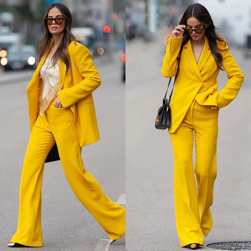 

Yellow Women Causal Blazer Suits Custom Made Loose One Button Deep V Neck Jacket 2 Pieces Pant Set Daily Streetwear