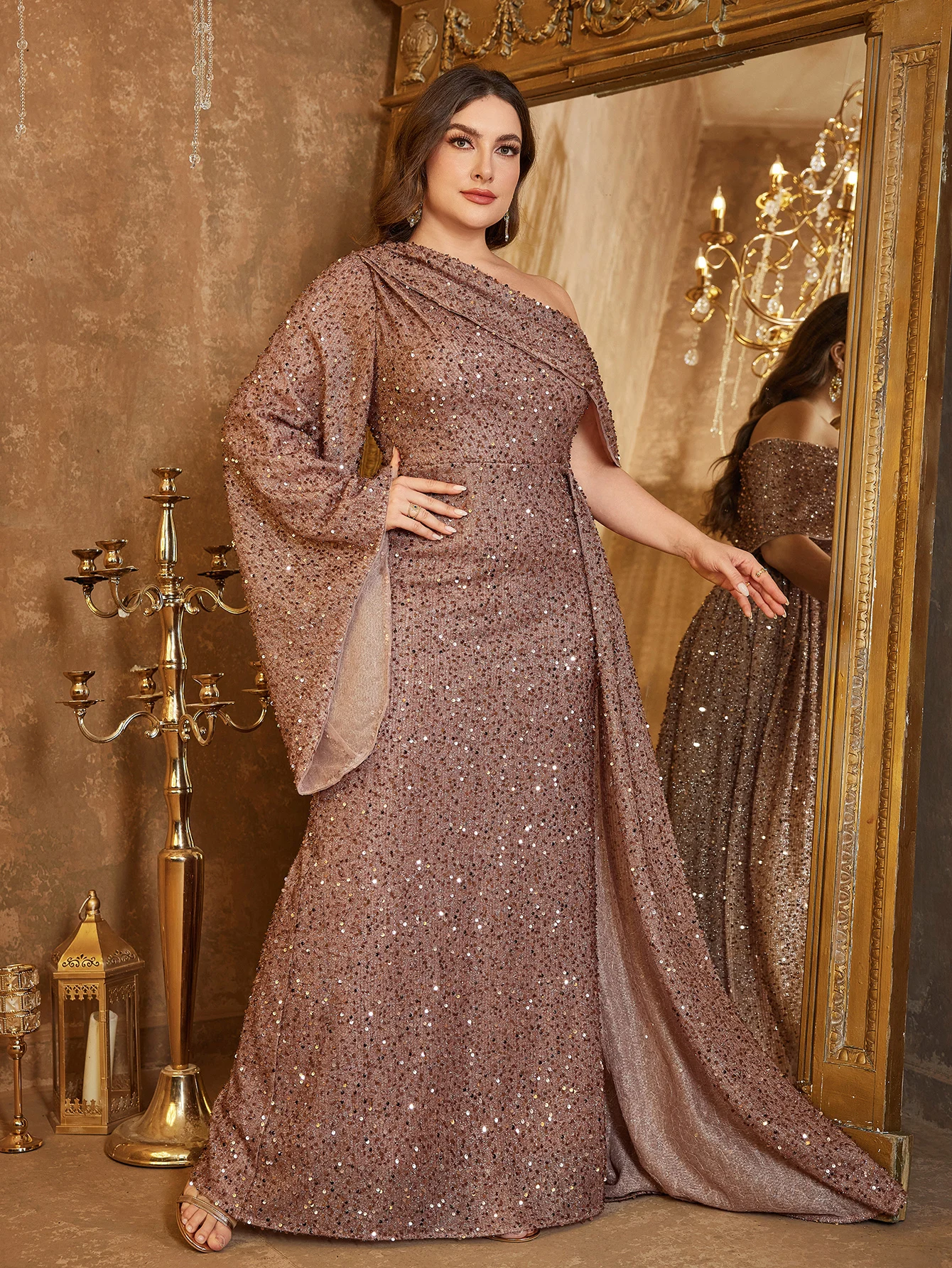 

UNITHORSE Plus Elegant Asymmetrical Neck Sequined Flare Sleeve Waist Ruching Flowy Maxi Evening Gown, Party Dress