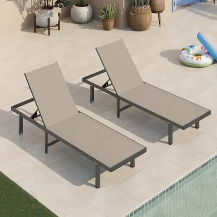 Poolside Lounge Chairs Set of 2: Aluminum Outdoor Chaise with Wheels and 5-position Recline, Beige Color, Lightweight and Rust-