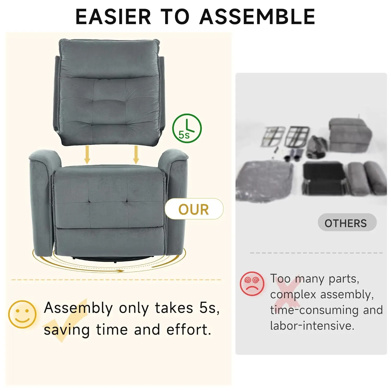 Swivel Rocker Recliner Chair for Adults, Glider Rocking Chair for Nursery, Small Recliner Chair for Small Spaces, RV, Living Roo