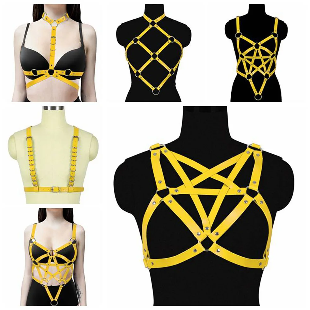 Women Yellow Leather Harness Garter Belt Harness Belts Stockings Erotic Underwear Sexy Lingerie Bondage Strap Lady Suspender