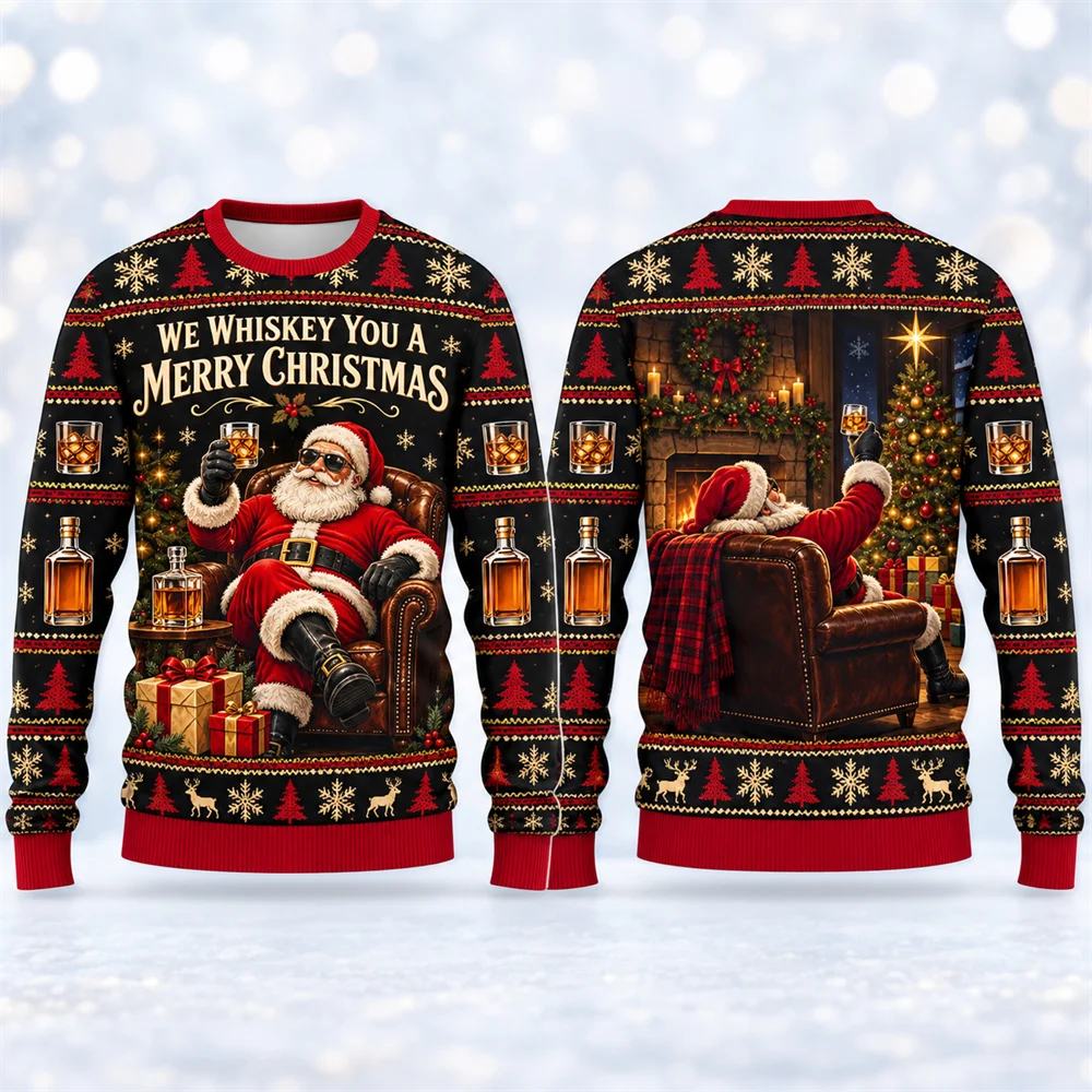 Santa Claus Enjoys Drinking Bar Beer Funny Ugly Sweater For Men Long Sleeve Humour 3D Print Pullover Sweatshirt Christmas Casual
