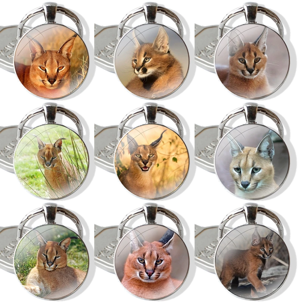 Keychain Glass Cabochon Metal Pendant Classic Men\'s Women\'s Keyring African Lynx Caracal Big Cat