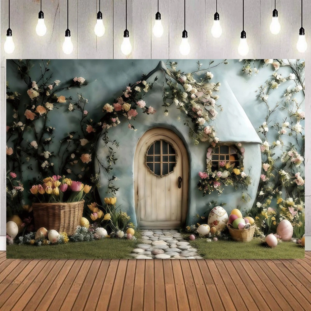 Happy Easter Day Photography Backdrop Spring Colorful Eggs Rabbit Rusitc Wooden Wall Fence Floral Bunny Party Decor Backgrounds