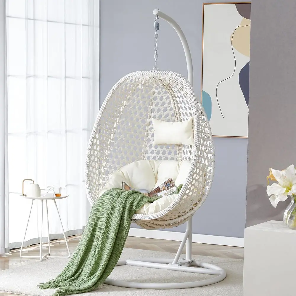

White Rattan Egg Swing Chair with Cushion and Metal Stand, Suitable for Outdoor and Indoor Use