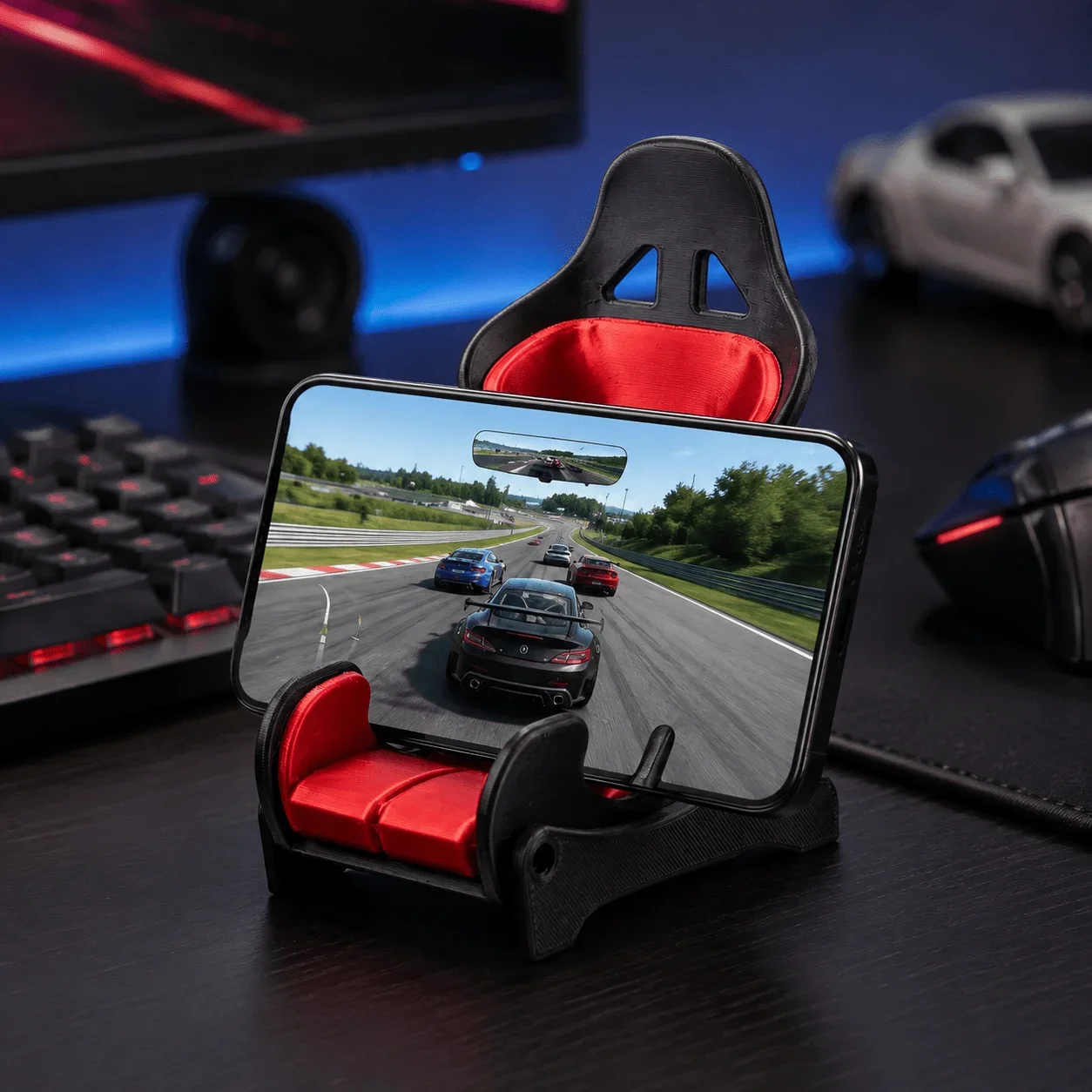 Racing Seat Phone Holder Novelty Simulation Racing Chair Stand Universal Desktop Smartphone Stand Non-Slip Base for Gaming Video