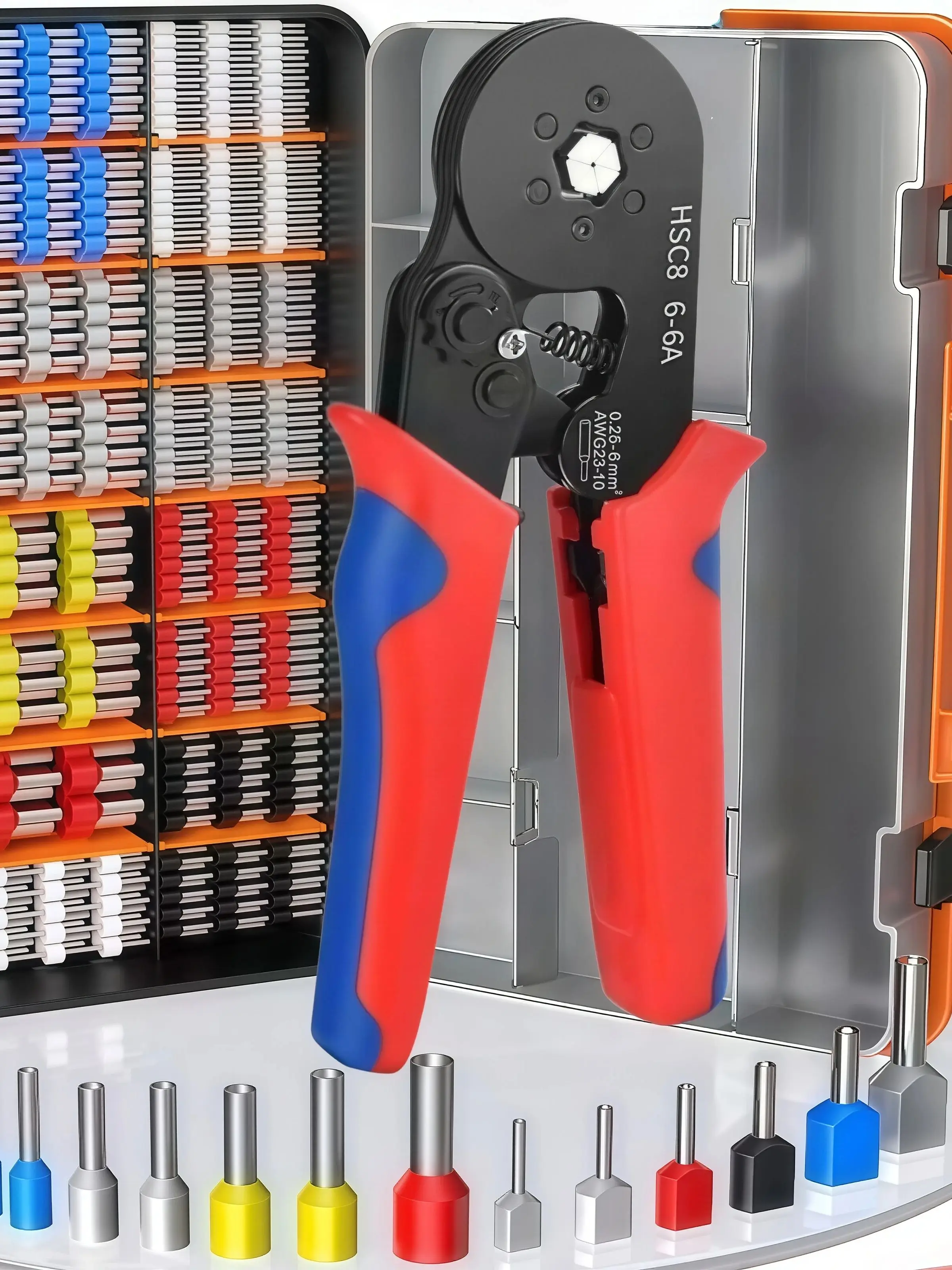 

Комплект инструментов для обжима HSC8 6-4A: клещи для обжима проводов 200/400/1250, изолированные трубчатые обжимные клеммы VE, саморегулирующийся обжимной инструмент с трещоткой, набор обжимных клещей