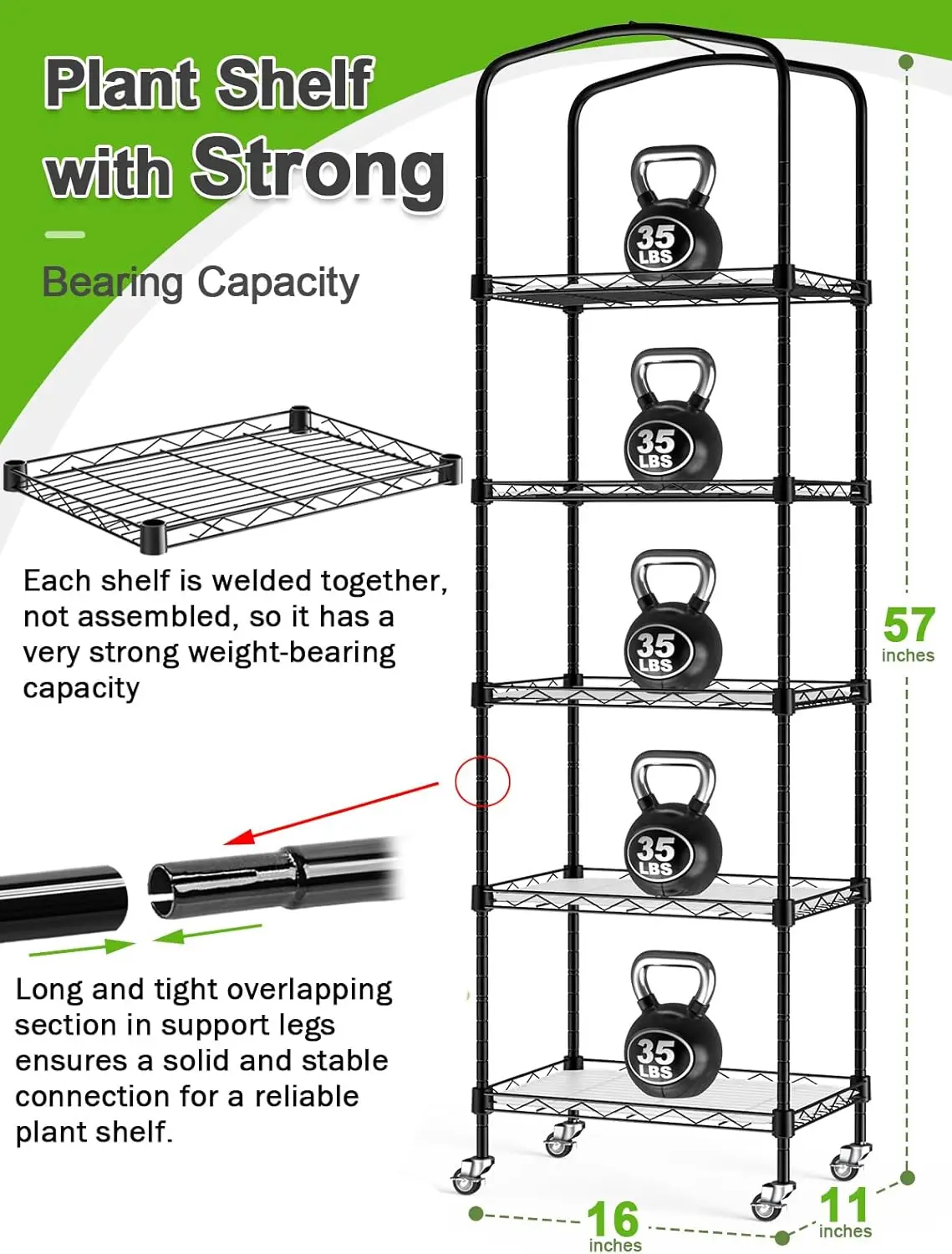 

5-Tier Mini Greenhouse with Caster Wheels, Each Shelf Height Adjustable Metal Plant Shelf with PVC Cover 11x16x57inch