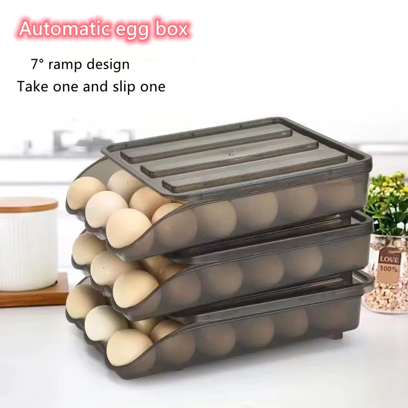 Automatic Slide Eggs Storage Box Plastic Eggs Holder Basket Container Dispenser Organizer Closet For Fridge Kitchen Drawers Home