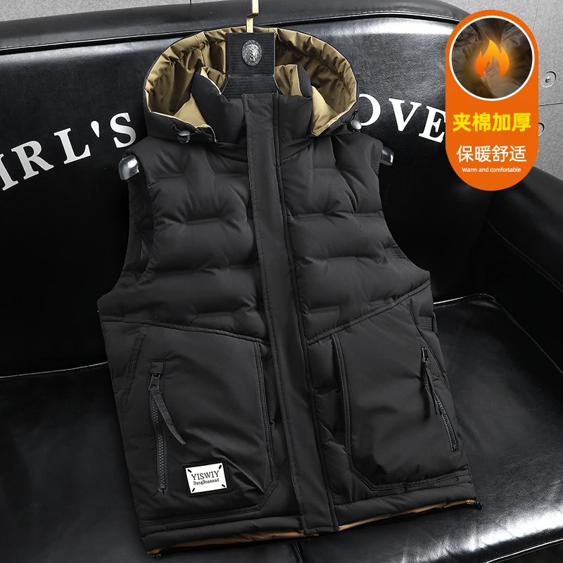 

Men's Loose Down Vest Jacket Men's Light Luxury Thick Warm Windproof Sleeveless Coat Autumn Winter Hooded Cotton Padded Vest
