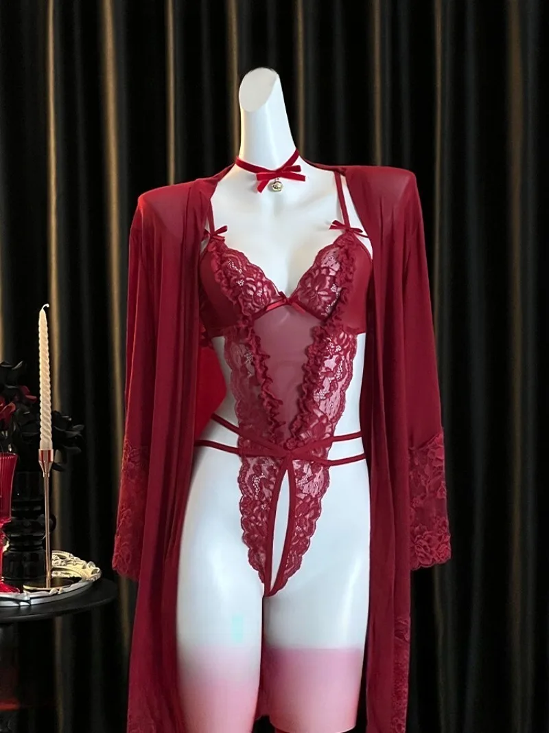 

Retro Red Lace Halter One-piece Uniform,Sexy Nightdress for Women,Romantic Pure Desire Lingerie,Alluring Sleepwear Set,Seductive