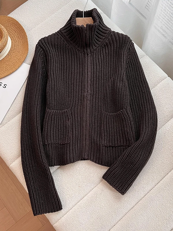 เสื้อโค้ทไหมพรมถักนุ่ม คอตั้งแบบมีซิป สำหรับผู้หญิง รุ่นใหม่ล่าสุด ฤดูใบไม้ร่วง ฤดูหนาว เหมาะสำหรับใส่ไปทำงาน