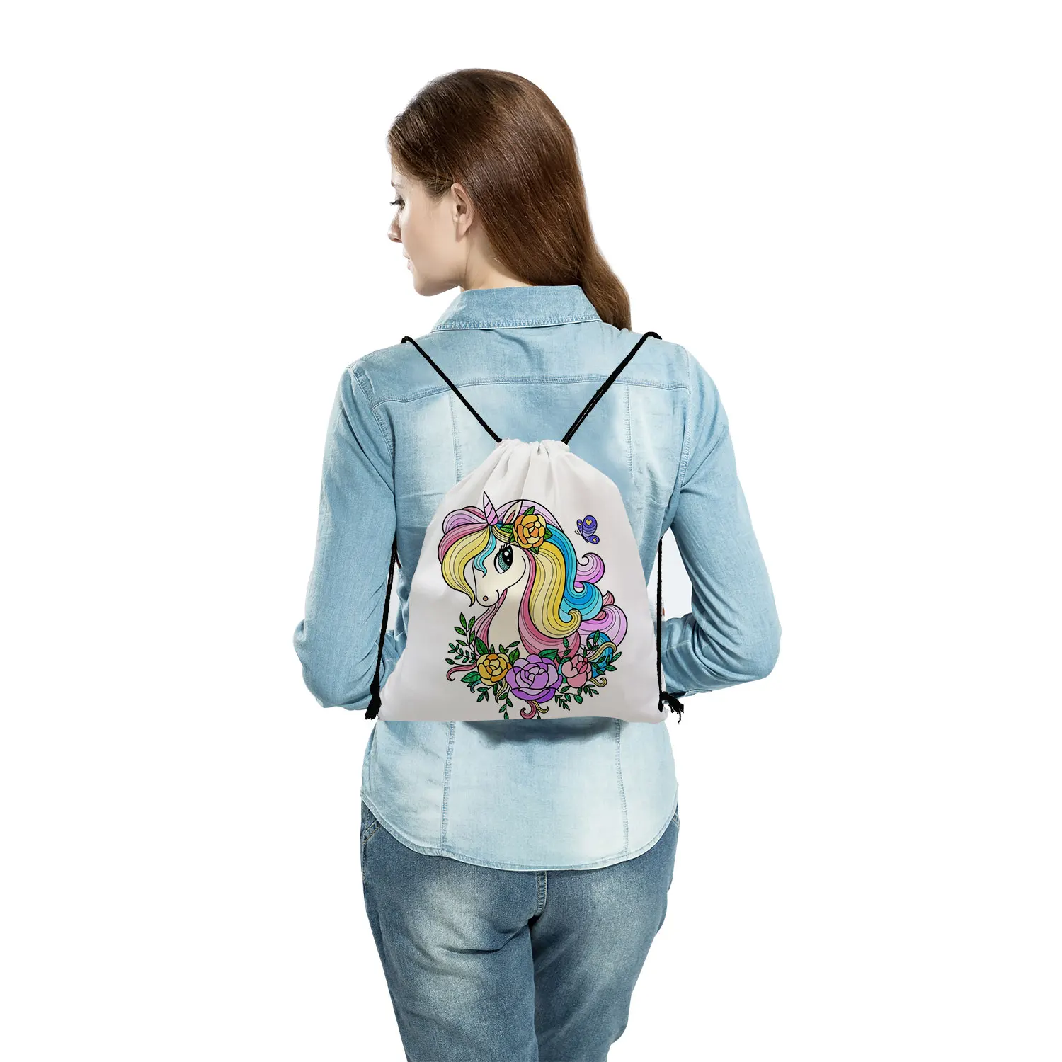 Tas ransel Sekolah gambar kartun, tas penyimpanan sepatu sekolah motif hewan Unicorn warna-warni portabel dapat dilipat