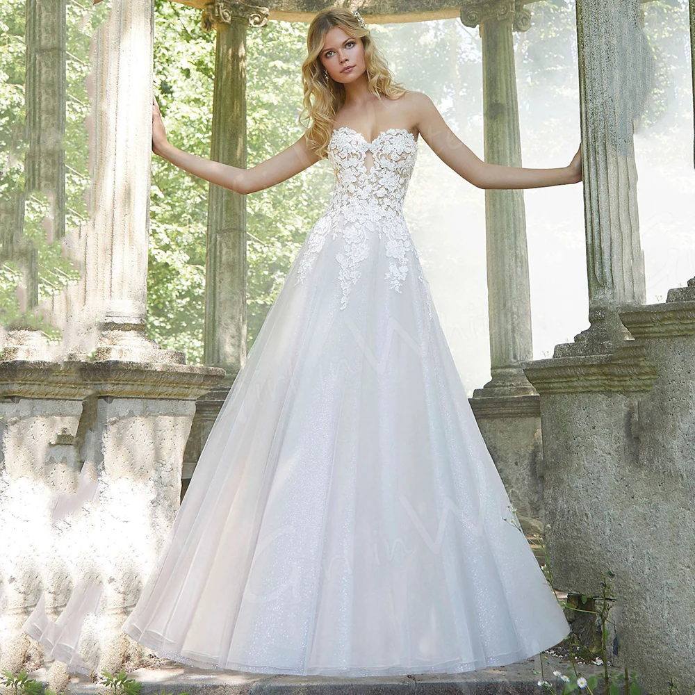 Robe De mariée ligne a sans manches, avec des Appliques en dentelle, blanche, col en cœur