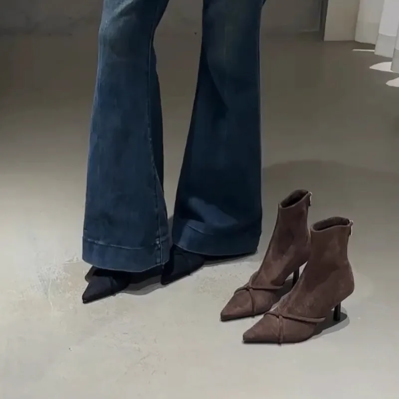 

Замшевые ботильоны на высоком каблуке, женские эластичные узкие ботинки через плечо с острым носком на узком каблуке